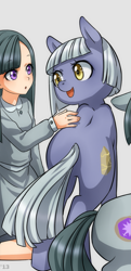 Size: 479x988 | Tagged: safe, artist:racoonsan, edit, limestone pie, marble pie, earth pony, human, pony, art, clothes, cute, duo focus, female, human ponidox, humanized, limabetes, looking at each other, marblebetes, mare, misleading thumbnail, offscreen character, open mouth, rear view, self ponidox