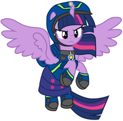 Size: 1072x1061 | Tagged: safe, artist:cloudyglow, artist:徐詩珮, derpibooru import, edit, twilight sparkle, twilight sparkle (alicorn), alicorn, pony, series:sprglitemplight diary, series:sprglitemplight life jacket days, series:springshadowdrops diary, series:springshadowdrops life jacket days, alternate universe, chase (paw patrol), clothes, female, paw patrol, simple background, solo, spy chase (paw patrol), transparent background, vector edit
