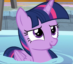 Size: 838x727 | Tagged: safe, derpibooru import, screencap, twilight sparkle, twilight sparkle (alicorn), alicorn, pony, spoiler:deep tissue memories, spoiler:mlp friendship is forever, cropped, cute, deep tissue memories, female, folded wings, mare, smiling, solo, swimming pool, twiabetes, twilight duckle, water, wings
