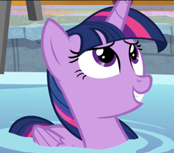 Size: 829x728 | Tagged: safe, derpibooru import, screencap, twilight sparkle, twilight sparkle (alicorn), alicorn, pony, spoiler:deep tissue memories, cropped, deep tissue memories, female, folded wings, looking up, mare, smiling, solo, swimming pool, water, wings