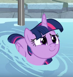 Size: 544x576 | Tagged: safe, derpibooru import, screencap, twilight sparkle, twilight sparkle (alicorn), alicorn, pony, spoiler:deep tissue memories, spoiler:mlp friendship is forever, cropped, cute, deep tissue memories, female, folded wings, mare, smiling, solo, swimming pool, twiabetes, twilight duckle, water, weapons-grade cute, wings