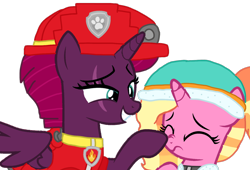 Size: 1440x979 | Tagged: safe, artist:徐詩珮, fizzlepop berrytwist, luster dawn, tempest shadow, alicorn, pony, unicorn, series:sprglitemplight diary, series:sprglitemplight life jacket days, series:springshadowdrops diary, series:springshadowdrops life jacket days, adopted offspring, alicornified, alternate universe, bubbleverse, everest (paw patrol), female, filly, filly luster dawn, luster dawn is sprglitemplight's daughter, mare, marshall (paw patrol), next generation, paw patrol, race swap, simple background, tempesticorn, transparent background, younger