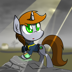 Size: 4000x4000 | Tagged: safe, artist:professionalpuppy, oc, oc only, oc:littlepip, pony, unicorn, fallout equestria, clothes, cloud, cloudy, crepuscular rays, fanfic, fanfic art, female, hooves, horn, looking up, mare, overcast, pipbuck, raised hoof, solo, vault suit, wasteland