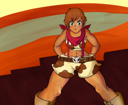 Size: 2000x1650 | Tagged: safe, artist:goodfreak, arizona cow, human, them's fightin' herds, community related, cowgirl, female, fit, humanized, muscles, muscular female, tanned, thick, thighs, toned