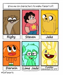 Size: 1211x1440 | Tagged: safe, artist:fazealan_mskull, oc, oc:lime jade, earth pony, human, pony, crossover, darwin watterson, female, glasses, happy tree friends, male, open mouth, regular show, rigby, six fanarts, smiling, steven universe, the amazing world of gumball