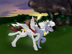 Size: 4000x3000 | Tagged: safe, artist:tomat-in-cup, oc, oc only, alicorn, pony, wolf, alicorn oc, duo, glowing horn, horn, outdoors, paws, peytral, running, smiling, tree, twilight (astronomy), underpaw, wings