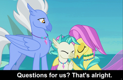 Size: 1905x1233 | Tagged: safe, ocean flow, sky beak, terramar, hippogriff, seapony (g4), comic:celestia's servant interview, surf and/or turf, beak, caption, cs captions, eyes closed, family, father and child, father and son, female, fins, happy, interview, jewelry, male, mother and child, mother and son, necklace, ocean, parent and child, sky, wings