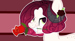 Size: 1397x768 | Tagged: safe, artist:lazuli, oc, oc only, original species, pony, abstract background, eye clipping through hair, flower, flower in hair, flower in mouth, freckles, grin, horn, mouth hold, rose, rose in mouth, smiling, solo