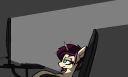 Size: 1453x872 | Tagged: safe, artist:pinkberry, oc, oc only, oc:mulberry merlot, unicorn, bored, colored sketch, computer monitor, dark, desk, drawpile, female, keyboard, lonely, mare, messy mane, office chair, sad, sketch, slouching, solo