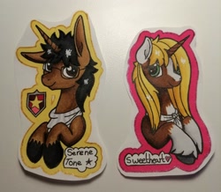 Size: 2880x2511 | Tagged: safe, artist:serenepony, oc, oc:serene tone, oc:sweetheart, donkey, hybrid, pony, unicorn, badge, clothes, con badge, concept art, donkeycorn, photo, scarf, traditional art, tube scarf, unshorn fetlocks