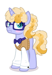 Size: 2800x4000 | Tagged: safe, artist:angei-bites, oc, pony, unicorn, bowtie, clothes, glasses, magical lesbian spawn, offspring, parent:frazzle rock, parent:lily lace, shirt, simple background, solo, sweater, transparent background