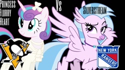Size: 1440x810 | Tagged: safe, artist:camo-pony, artist:cheezedoodle96, princess flurry heart, silverstream, alicorn, classical hippogriff, hippogriff, clothes, dishonored, emily kaldwin, hockey, ice hockey, match, new york rangers, nhl, older, older flurry heart, pittsburgh penguins, reference, sports