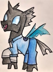 Size: 1745x2350 | Tagged: safe, artist:melisareb, kevin (changeling), changeling, ben 10, clothes, crossover, cute, cuteling, kevin levin, looking at you, name pun, raised hoof, solo, traditional art, wings