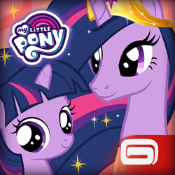 Size: 512x512 | Tagged: safe, derpibooru import, idw, princess twilight 2.0, twilight sparkle, twilight sparkle (alicorn), unicorn twilight, alicorn, pony, unicorn, the last problem, spoiler:comic, duo, duo female, ethereal mane, female, filly, filly twilight sparkle, gameloft, horn, jewelry, looking at you, mare, my little pony logo, older, older twilight, starry mane, tiara, younger