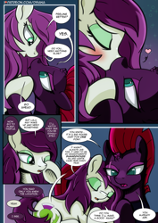 Size: 2480x3508 | Tagged: safe, artist:dsana, fizzlepop berrytwist, tempest shadow, oc, oc:thistledown, earth pony, pony, unicorn, comic:a storm's lullaby, blushing, broken horn, canon x oc, comic, cuddling, dialogue, female, heart, horn, kissing, lesbian, mare, scar, shipping