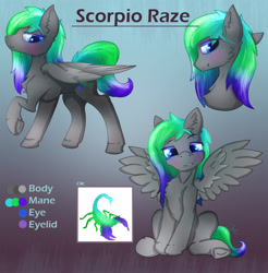 Size: 2956x3000 | Tagged: safe, artist:jesterpi, oc, oc:scorpio raze, pegasus, pony, abstract background, blushing, cutie mark, front, head, on side, reference sheet, sitting, smiling, tall, text