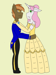 Size: 1536x2048 | Tagged: safe, artist:mintymelody, button mash, sweetie belle, anthro, beauty and the beast, clothes, cosplay, costume, dancing, dress, female, gown, male, shipping, straight, sweetiemash