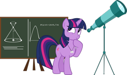 Size: 4671x2756 | Tagged: safe, artist:ironm17, derpibooru import, twilight sparkle, unicorn twilight, pony, unicorn, astronomy, chalkboard, female, grin, high res, hoof on chin, looking sideways, mare, simple background, smiling, solo, telescope, transparent background, vector