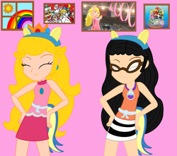 Size: 2433x2151 | Tagged: safe, artist:chlaneyt, artist:user15432, oc, oc:aaliyah, human, equestria girls, shake your tail, aaliyah, amiibo, amulet, barely eqg related, base used, bowser, cappy, cappy (mario), clothes, crossover, crown, dancing, dress, ear piercing, earring, equestria girls style, equestria girls-ified, glasses, gymnastics, jewelry, luigi, mario, mario & sonic, mario & sonic at the london 2012 olympic games, mario & sonic at the olympic games, mario and sonic, mario and sonic at the olympic games, mario party, mario party 10, necklace, nintendo, olympics, pauline, piercing, princess peach, rainbow, regalia, rhythmic gymnastics, shaking, sports, sports outfit, sun, super mario bros., super mario odyssey, window, wondercolt ears, wondercolt tail, wondercolts