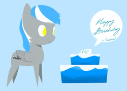 Size: 736x528 | Tagged: safe, artist:depland, oc, oc:sbstonebull, pegasus, pony, birthday, birthday cake, blue background, cake, food, golden eyes, grey skin, male, no tail, simple background, solo