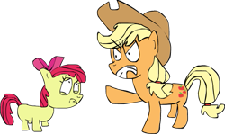 Size: 591x353 | Tagged: safe, artist:patrickbobsponge, derpibooru import, apple bloom, applejack, earth pony, pony, angry, apple sisters, female, filly, foal, mare, sad, siblings, simple background, sisters, transparent background