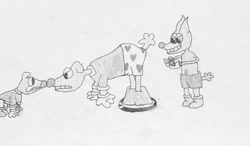 Size: 640x374 | Tagged: safe, artist:whistle blossom, fido, rover, spot, anthro, diamond dog, black and white, clothes, cuphead, evil grin, eyes on the prize, gem, gloves, grayscale, grin, male, monochrome, old timey, simple background, smiling, style emulation, traditional art, trio, trio male, underwear, white background