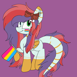 Size: 1378x1378 | Tagged: safe, artist:circuspaparazzi5678, oc, oc:kireiinaa, hybrid, pegasus, pony, base used, bow, cute, long tail, pansexual, pansexual pride flag, pride, pride flag, pride month, smiling, solo, stripes