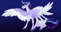 Size: 1228x650 | Tagged: safe, artist:turnipberry, oc, oc only, oc:stardust, alicorn, pony, alicorn oc, blue background, colored hooves, commission, horn, leonine tail, magical lesbian spawn, offspring, parent:rarity, parent:twilight sparkle, parents:rarilight, realistic horse legs, simple background, solo, winged hooves, wings