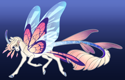 Size: 3186x2024 | Tagged: safe, artist:turnipberry, oc, oc only, oc:glasswing, pony, alternate universe, blue background, butterfly wings, colored hooves, colored horn, commission, curved horn, dark background, draconequus hybrid, gradient background, horn, magical lesbian spawn, offspring, parent:fluttershy, parent:rarity, parents:flarity, realistic horse legs, simple background, solo, wings