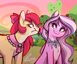 Size: 2388x1998 | Tagged: safe, artist:estories, artist:snowballflo, apple bloom, diamond tiara, earth pony, pony, alternate hairstyle, apple, apple bloom's bow, apple tree, bedroom eyes, bow, bush, coat markings, diamondbloom, ear piercing, earring, eye contact, eyeshadow, female, flower, food, freckles, hair bow, jewelry, lesbian, looking at each other, makeup, mare, mouth hold, necklace, older, older apple bloom, older diamond tiara, outdoors, pale belly, piercing, redesign, shipping, tree