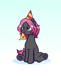 Size: 400x500 | Tagged: safe, artist:soulfulmirror, oc, oc:soulful mirror, earth pony, pony, birthday, eating, food, hat, male, meat, party hat, pepperoni, pepperoni pizza, pizza, ponysona, solo, stallion