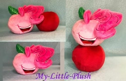 Size: 1024x658 | Tagged: safe, artist:my-little-plush, derpibooru import, idw, pinkie pie, spoiler:comic, spoiler:comic32, apple pinkie, deviantart watermark, irl, no eyes, obtrusive watermark, open mouth, photo, plushie, smiling, solo, watermark