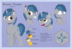 Size: 6059x4184 | Tagged: safe, artist:arcane-thunder, oc, oc only, oc:arcane thunder, pony, unicorn, angry, crying, cutie mark, electricity, fangs, horn, lightning, male, reference sheet, simple background, solo, stallion, unicorn oc