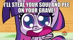 Size: 600x337 | Tagged: safe, edit, edited screencap, screencap, twilight sparkle, twilight sparkle (alicorn), alicorn, pony, my little pony: pony life, princess probz, spoiler:pony life s01e01, caption, image macro, text, the face of pure evil, treehouse logo