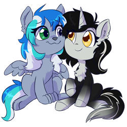 Size: 750x750 | Tagged: artist needed, safe, oc, oc:caroline, oc:star shine, hybrid, original species, pegasus, unicorn, wolf, wolf pony, adoracute, chibi, cute, heterochromia, simple background, transparent background