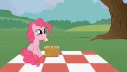 Size: 1432x808 | Tagged: safe, artist:forgalorga, derpibooru import, pinkie pie, earth pony, pony, basket, cute, diapinkes, female, food, forgalorga is trying to murder us, herbivore, it's picnic time, mare, picnic basket, picnic blanket, sandwich, solo, sweet dreams fuel, tree