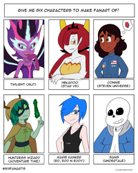 Size: 1280x1600 | Tagged: safe, artist:cadenreigns, midnight sparkle, twilight sparkle, human, equestria girls, adventure time, connie maheswaran, crossover, ed edd n eddy, female, hekapoo, huntress wizard, male, marie kanker, sans (undertale), six fanarts, star vs the forces of evil, steven universe, undertale