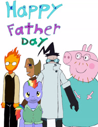 Size: 2318x3018 | Tagged: safe, artist:pokeneo1234, bow hothoof, crossover, daddy pig, father, father's day, grillby, invader zim, male, peppa pig, professor membrane, smile for me, trencil varnnia, undertale