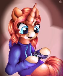 Size: 1280x1530 | Tagged: safe, artist:appleneedle, oc, oc only, oc:rettie, pony, unicorn, clothes, controller, gamer, hoodie, joystick, lineless, paint, painting, sitting, video game