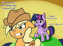 Size: 1848x1364 | Tagged: safe, artist:artiks, derpibooru import, applejack, twilight sparkle, twilight sparkle (alicorn), alicorn, earth pony, pony, atg 2020, clenched teeth, crying, dialogue, duo, female, mare, newbie artist training grounds