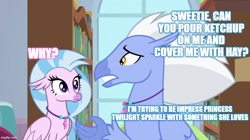 Size: 888x499 | Tagged: safe, edit, edited screencap, screencap, silverstream, sky beak, twilight sparkle, classical hippogriff, hippogriff, a horse shoe-in, caption, cute, diastreamies, father and child, father and daughter, female, image macro, implied infidelity, implied twilight sparkle, jewelry, male, necklace, parent and child, shipping, straight, text, that pony sure does love burgers, twibeak, twilight burgkle