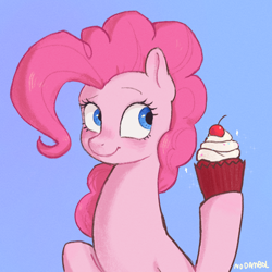 Size: 1000x1000 | Tagged: safe, artist:nodambol, derpibooru import, pinkie pie, earth pony, pony, blue background, bust, cupcake, cute, diapinkes, female, food, mare, simple background, solo