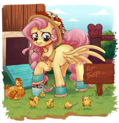 Size: 1940x2000 | Tagged: safe, artist:ariamidnighters, derpibooru import, fluttershy, bird, chicken, pegasus, pony, boots, bow, braid, chicken coop, collar, color pencil, coloured pencil, cute, cyrillic, daaaaaaaaaaaw, female, fence, floppy ears, flower hat, hat, heart, heart eyes, hen, looking at something, looking down, mare, one wing out, outdoors, pencil, pencil case, raised hoof, shirt collar, shoes, shyabetes, sign, smiling, solo, spread wings, standing, tabun art-battle, tabun art-battle cover, tail bow, three quarter view, translated in the description, wholesome, wingding eyes, wings