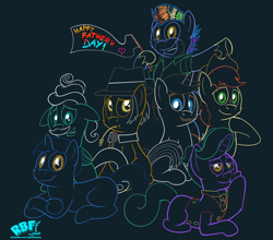 Size: 4200x3700 | Tagged: safe, artist:rupertbluefox, bow hothoof, bright mac, firelight, gentle breeze, hondo flanks, igneous rock pie, night light, earth pony, pegasus, pony, unicorn, bipedal, cheek fluff, colored sketch, dark background, father's day, flag, minimalist, missing cutie mark, modern art, sitting, smiling, straw in mouth