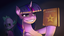 Size: 5120x2880 | Tagged: safe, artist:chopchopguy, spike, twilight sparkle, unicorn twilight, dragon, pony, unicorn, fanfic:the star in yellow, book, chest fluff, dark background, evil grin, grin, high res, scared, simple background, smiling