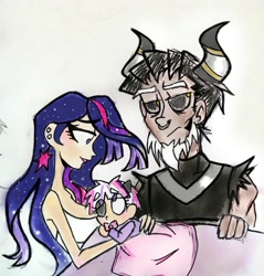 Size: 1647x1725 | Tagged: safe, artist:citi, lord tirek, princess twilight 2.0, twilight sparkle, oc, oc:tiara, human, the last problem, black sclera, family, horn, horned humanization, horns, humanized, interspecies offspring, mother and child, mother and daughter, offspring, parent and child, parent:lord tirek, parent:twilight sparkle, parents:twirek, twirek