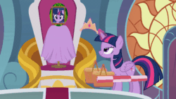 Size: 800x450 | Tagged: safe, artist:forgalorga, twilight sparkle, twilight sparkle (alicorn), alicorn, pegasus, animated, clothes, crown, flying, food, gif, horrified, it's picnic time, jewelry, magic, maid, melon lord, paperwork, regalia, shocked, smiling, telekinesis, teleportation, throne, throne room, watermelon, wings