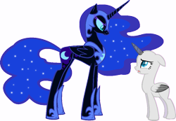 Size: 905x627 | Tagged: safe, artist:yaribases, nightmare moon, oc, alicorn, alicorn oc, base, duo, ethereal mane, helmet, hoof shoes, horn, open mouth, peytral, simple background, starry mane, tall alicorn, transparent background, wings, worried