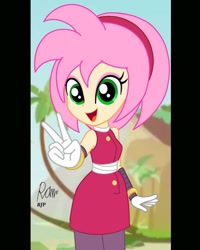 Size: 1080x1350 | Tagged: safe, artist:rjp.rammy, hedgehog, equestria girls, amy rose, bandage, barely pony related, bracelet, clothes, crossover, dress, equestria girls-ified, eyeshadow, female, gloves, green hill zone, headband, humanized, jewelry, makeup, open mouth, pants, peace sign, solo, sonic boom, sonic the hedgehog (series), tape, wrist tape