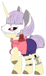 Size: 1658x2747 | Tagged: safe, artist:rukemon, oc, oc only, oc:miami edge, pony, unicorn, clothes, commission, female, gritted teeth, jacket, knife, leather jacket, mare, mask, raised hoof, shirt, shorts, simple background, solo, transparent background